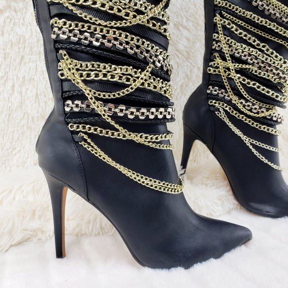 FINAL SALE Black Multiple Gold Chain 4.5" Heel Knee High Boot Last One - Picture 6 of 13